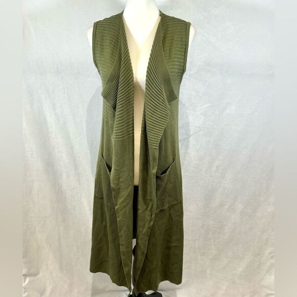 Olive green ribbed knit long line cardigan sweater vest with pockets size large - Picture 5 of 9